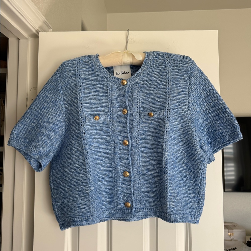 Sam Edelman Blue Knit Button Up Short Sleeve Top